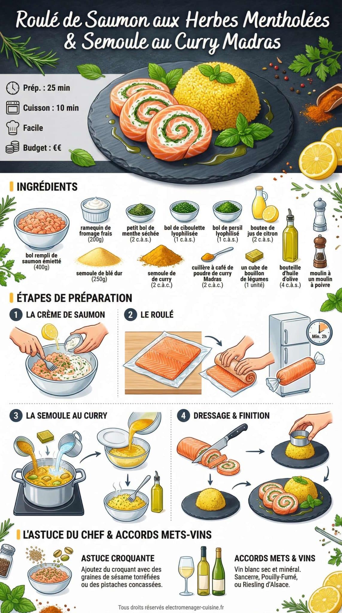 Fiche recette Roul&eacute; de saumon aux herbes menthol&eacute;es et semoule au curry Madras
