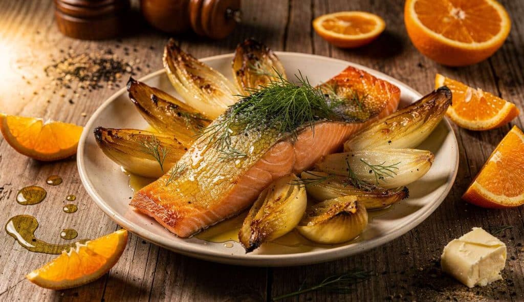 Saumon à l'unilatérale et endives à l'orange