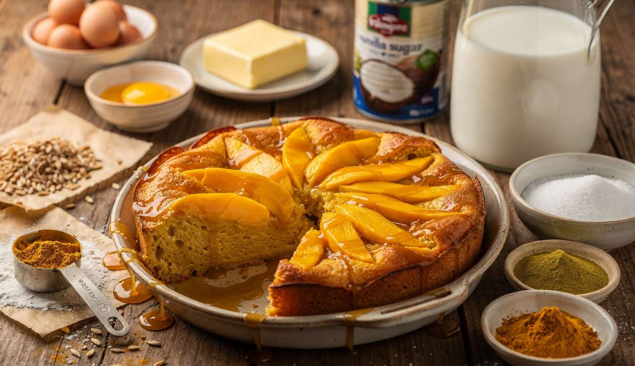 Clafoutis de mangue au curcuma : recette gourmande avec sauce caramel à la citronnelle