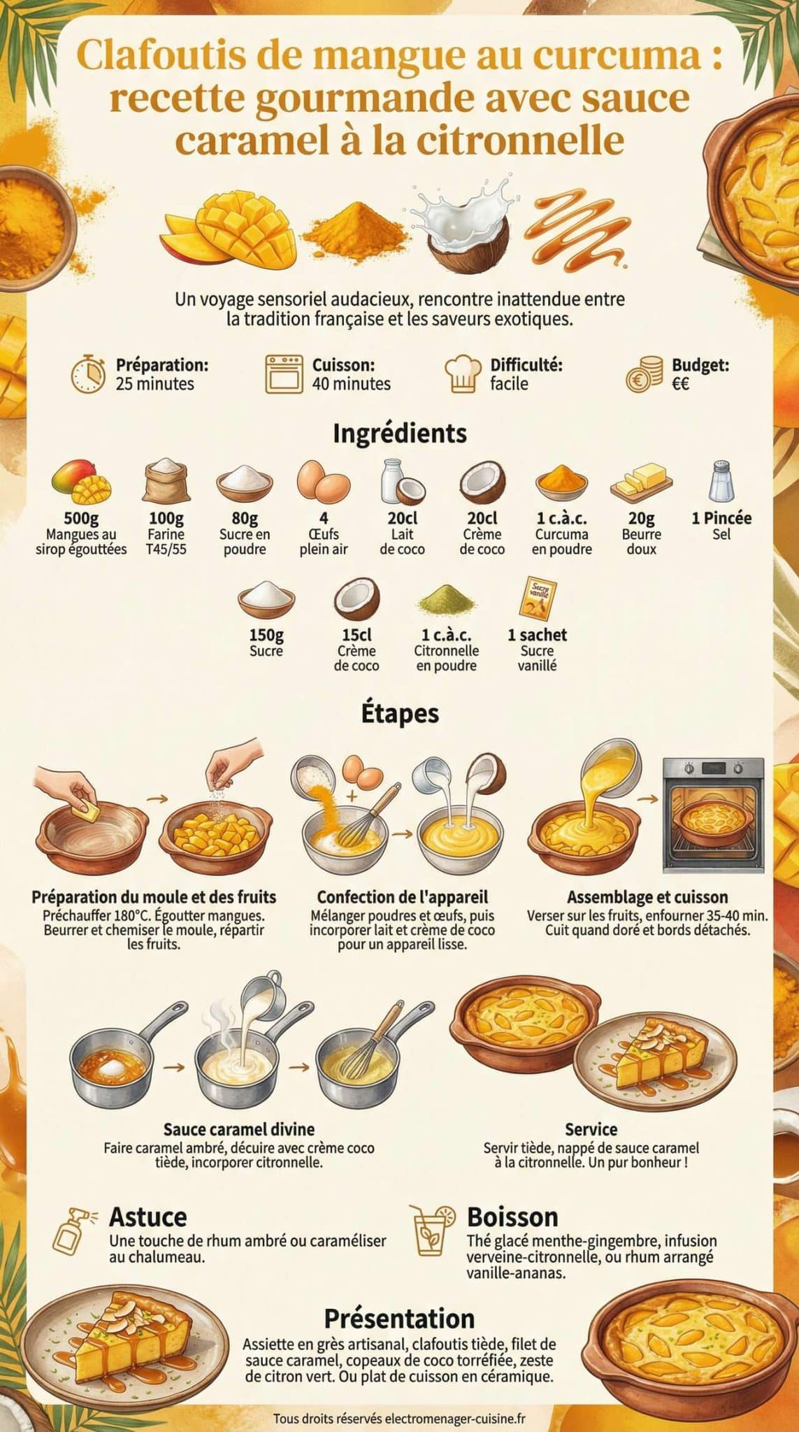 Fiche recette Clafoutis de mangue au curcuma : recette gourmande avec sauce caramel &agrave; la citronnelle