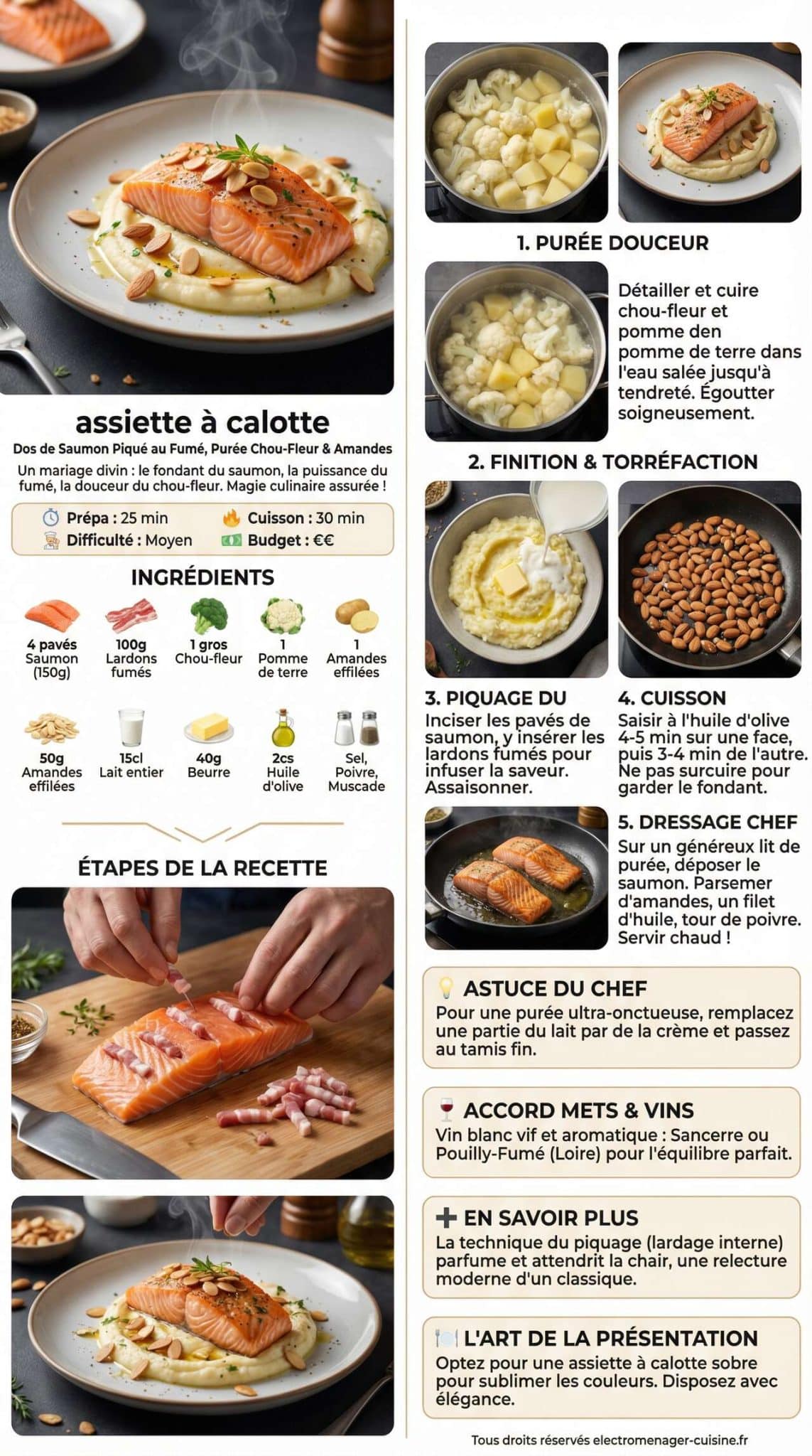 Fiche recette Dos de saumon piqu&eacute; au fum&eacute;, pur&eacute;e au chou-fleur et amandes