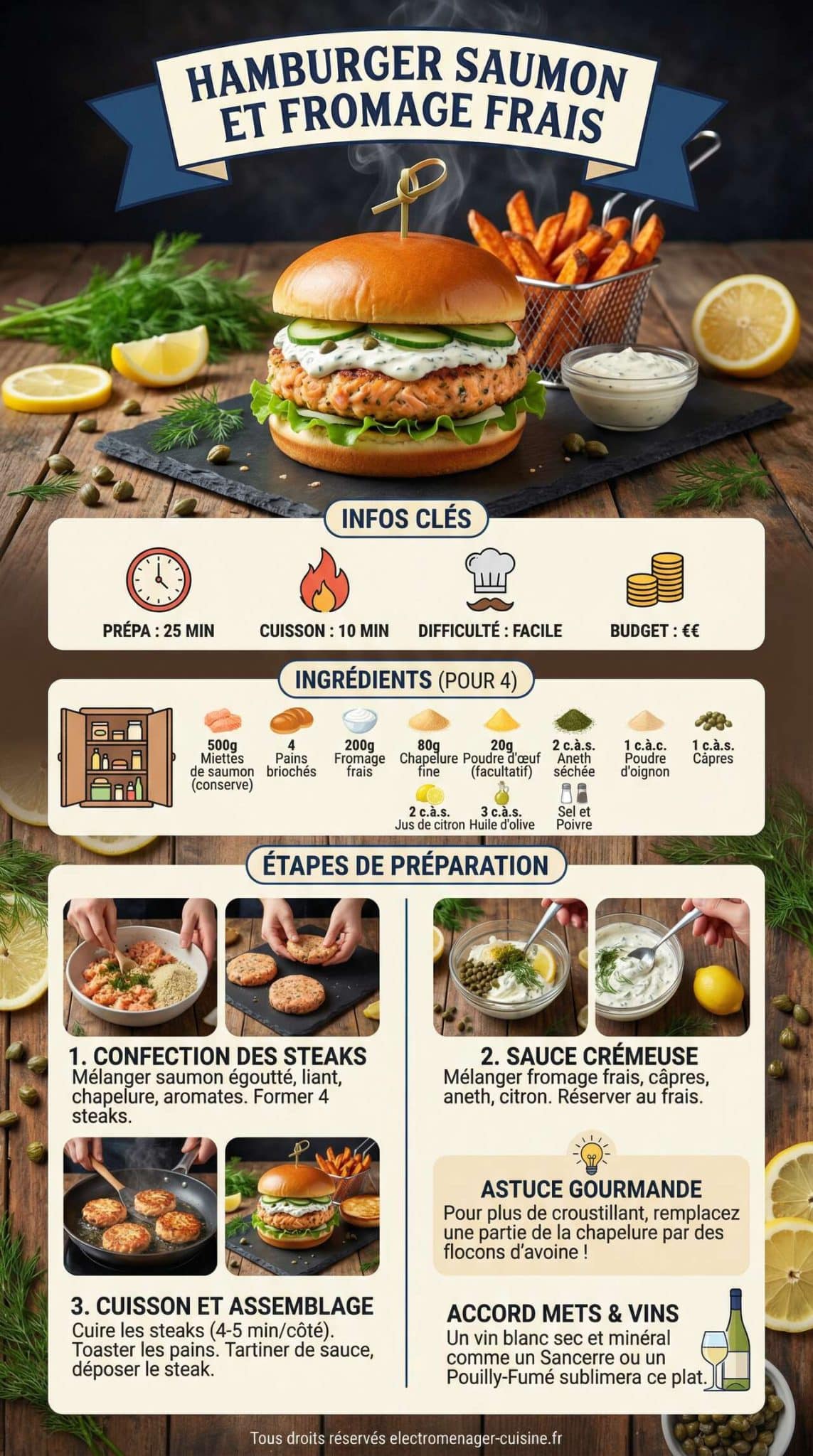 Fiche recette Recette Hamburger Saumon et Fromage Frais