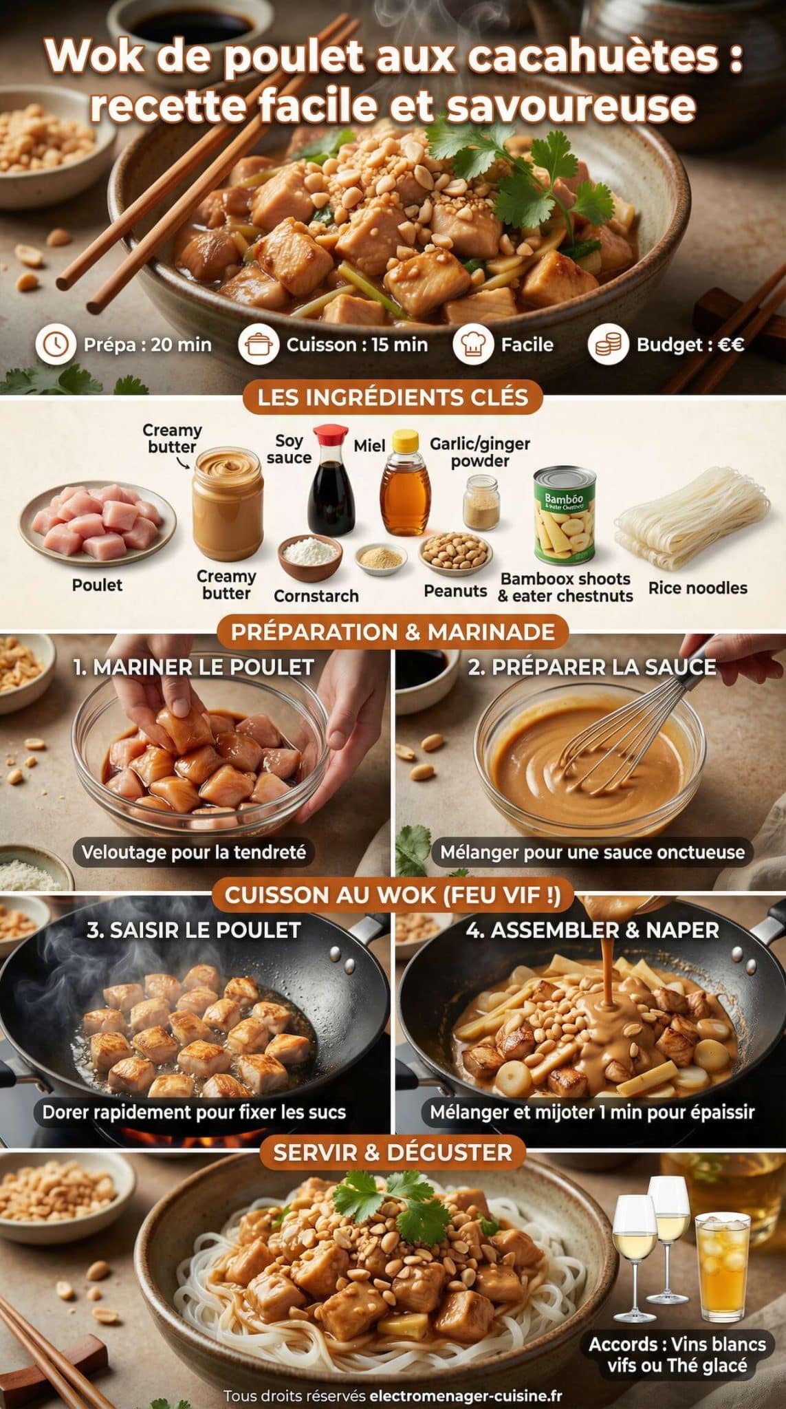 Fiche recette Wok de poulet aux cacahu&egrave;tes : recette facile et savoureuse