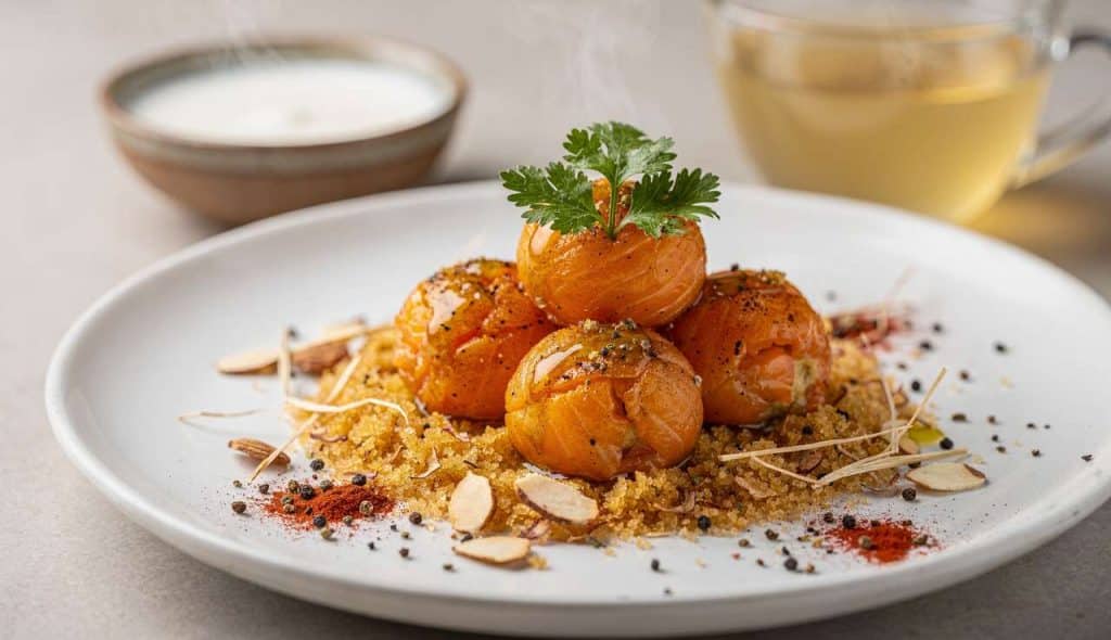 Boulettes de saumon au colombo et bouillon d'amande