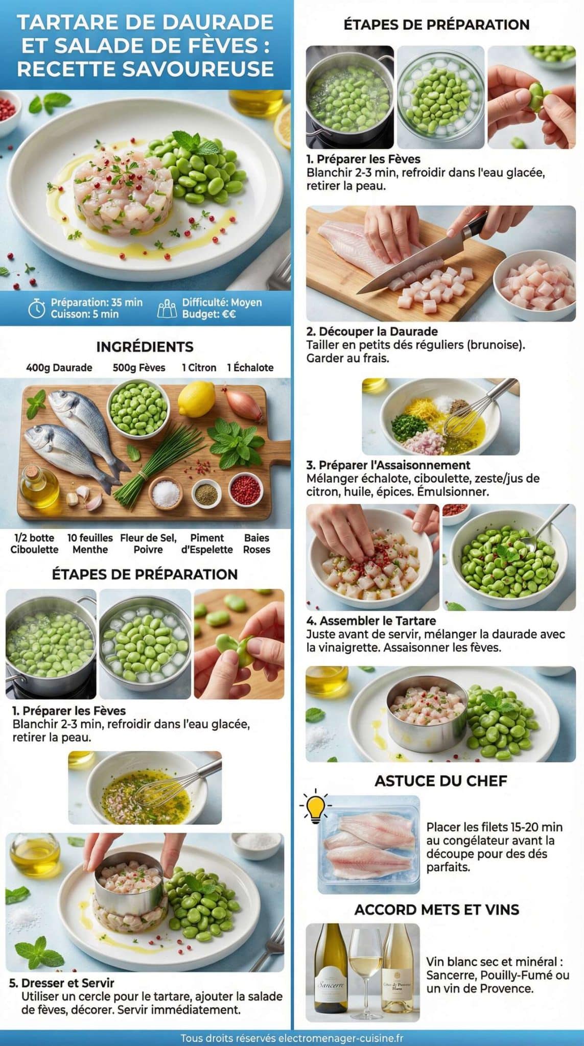 Fiche recette Tartare de daurade et salade de f&egrave;ves : recette savoureuse