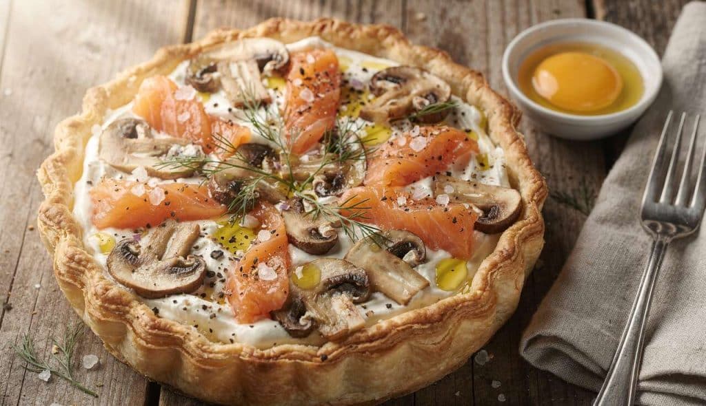Tarte fine aux champignons et saumon frais : recette gourmande