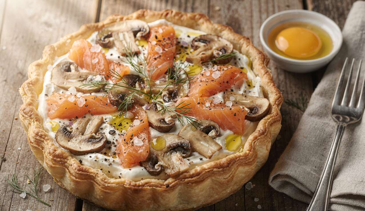 Tarte fine aux champignons et saumon frais : recette gourmande