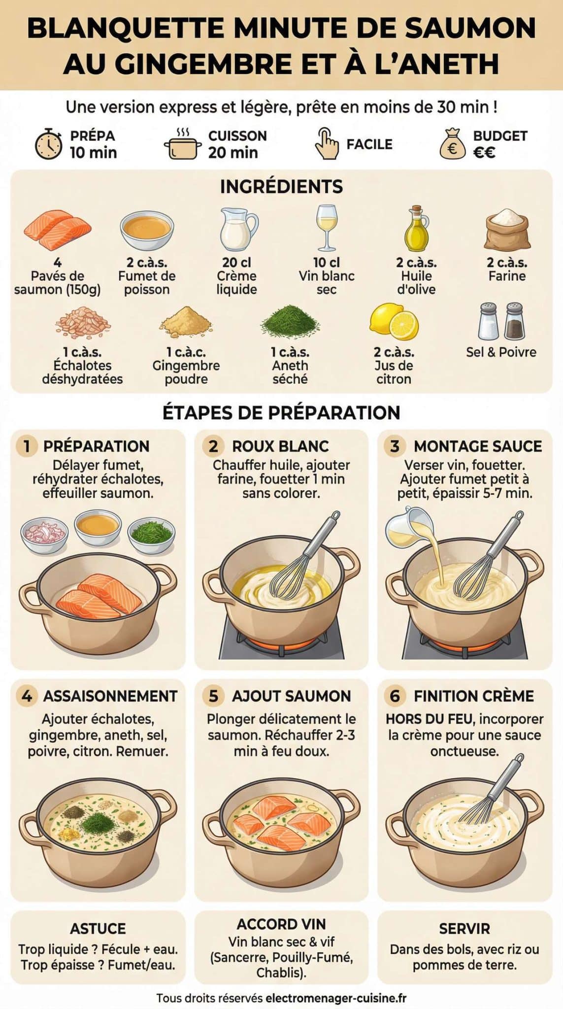 Fiche recette Recette de blanquette minute de saumon au gingembre et &agrave; l'aneth