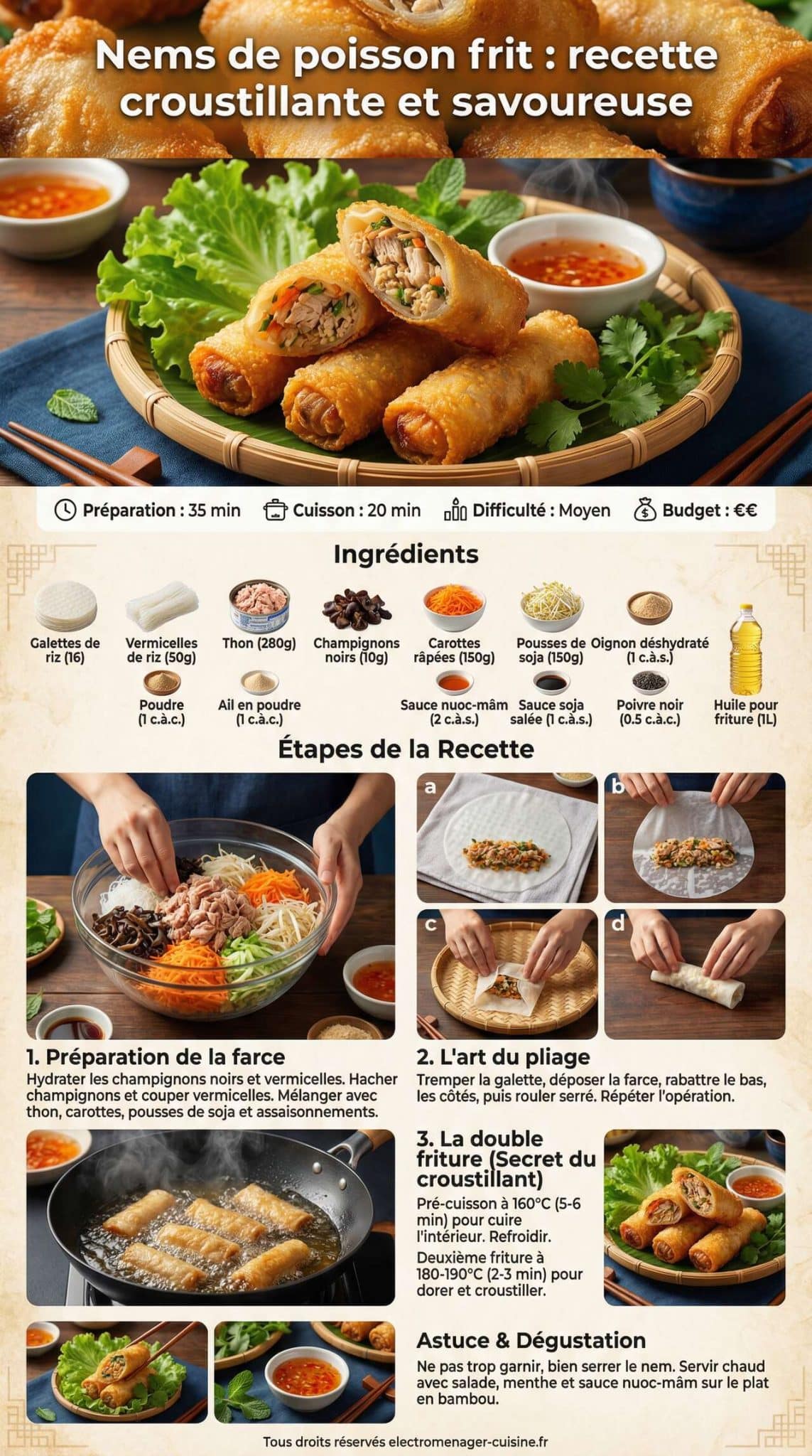 Fiche recette Nems de poisson frit : recette croustillante et savoureuse