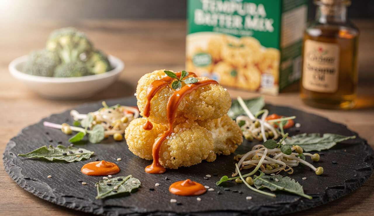 Tempura de brocolis, sauce mayonnaise au curry rouge, salade de germes et cresson