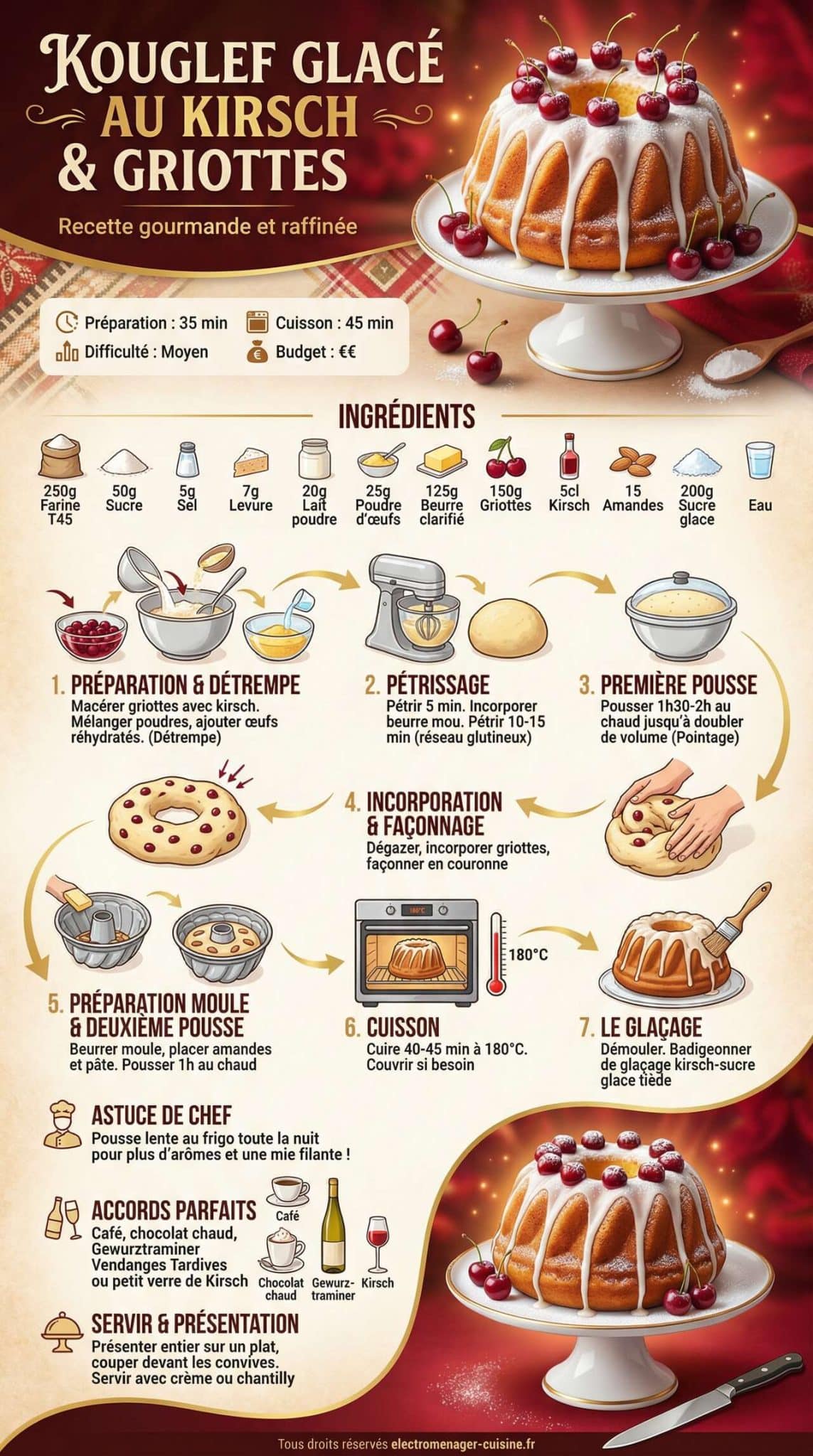 Fiche recette Kouglof glac&eacute; au kirsch et griottes : recette gourmande et raffin&eacute;e