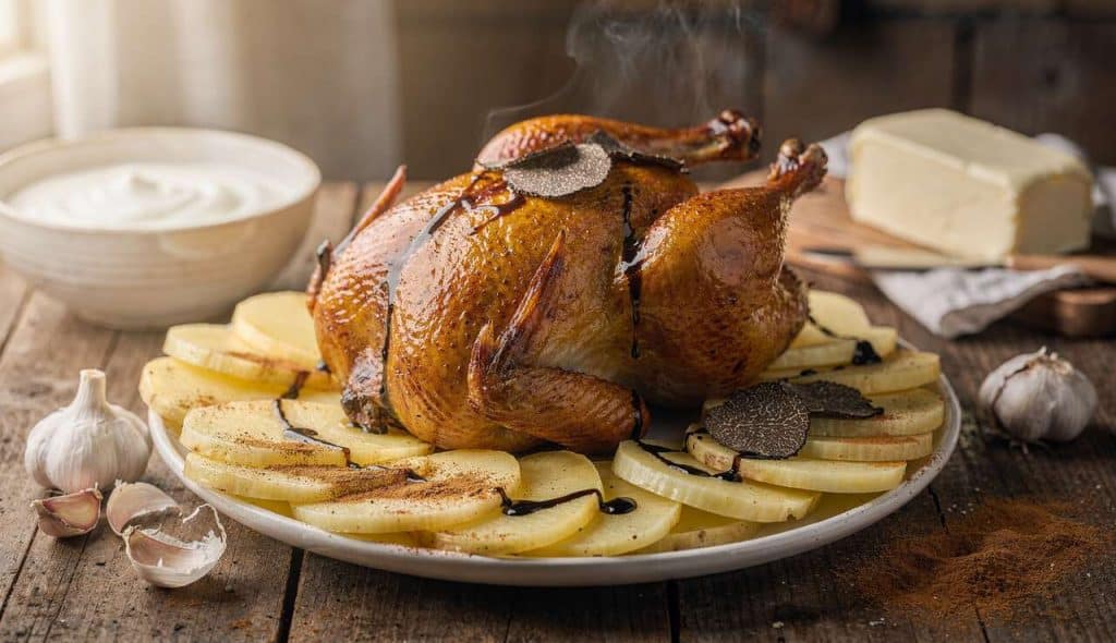 Poulet fermier contisé à la truffe : recette gourmande de gratin de pommes, céleri et émulsion truffe