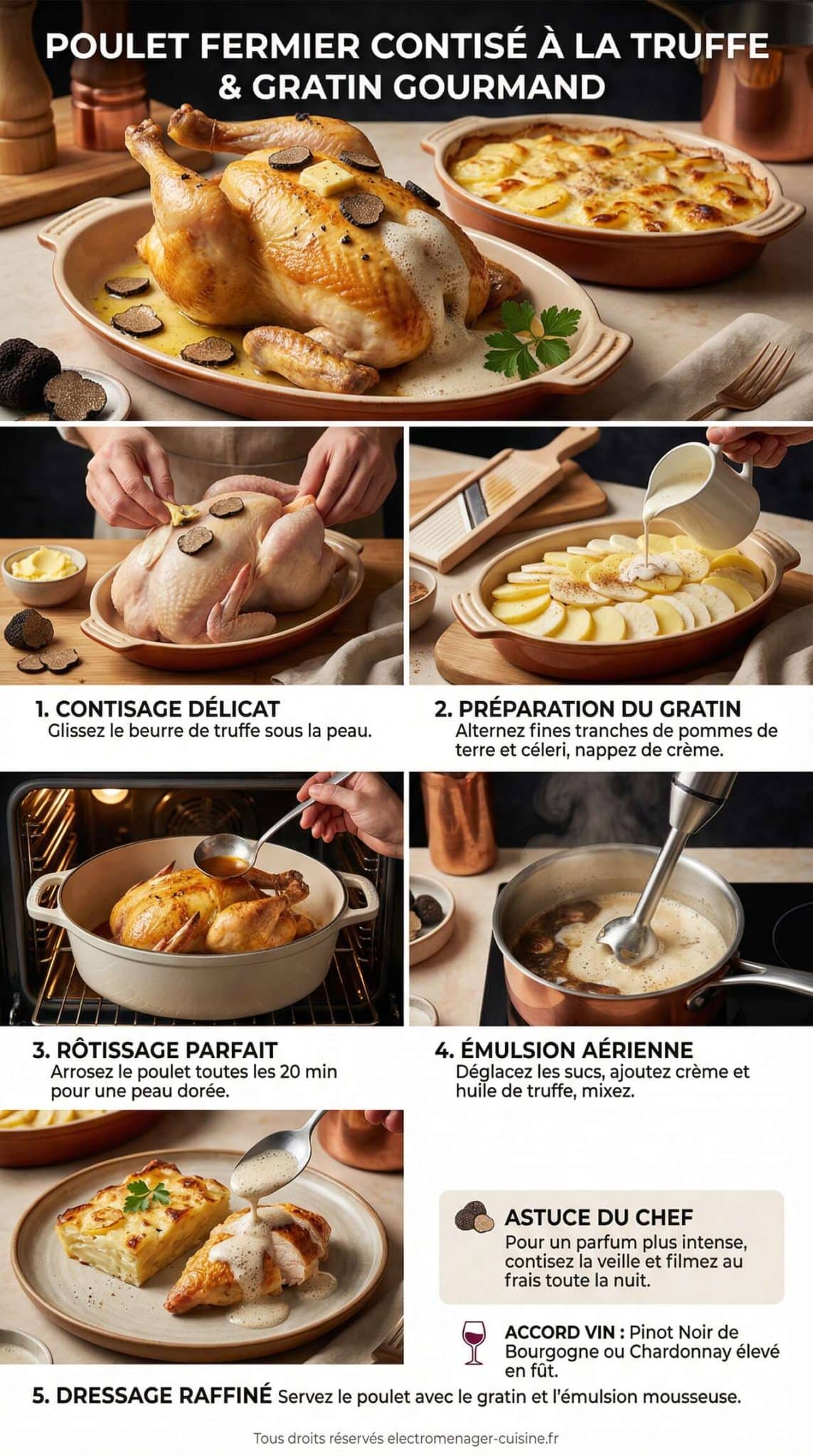 Fiche recette Poulet fermier contis&eacute; &agrave; la truffe : recette gourmande de gratin de pommes, c&eacute;leri et &eacute;mulsion truffe