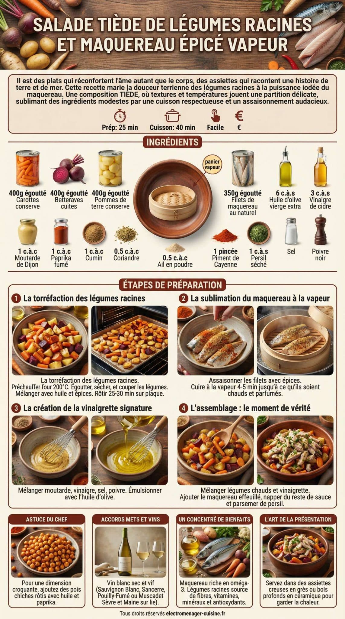 Fiche recette Salade ti&egrave;de de l&eacute;gumes racines et maquereau &eacute;pic&eacute; vapeur