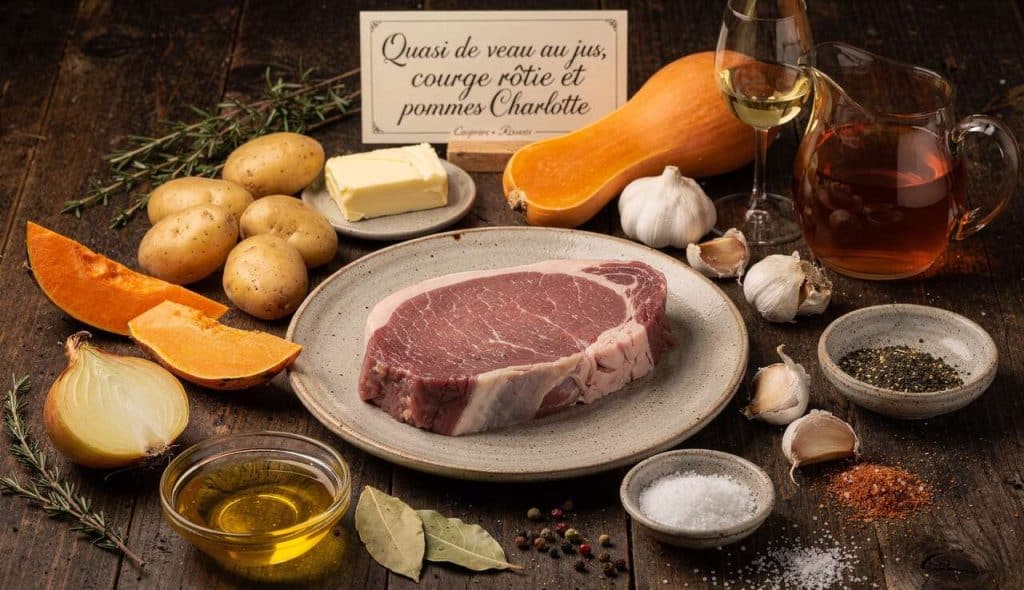 Quasi de veau au jus, courge rôtie et pommes Charlotte