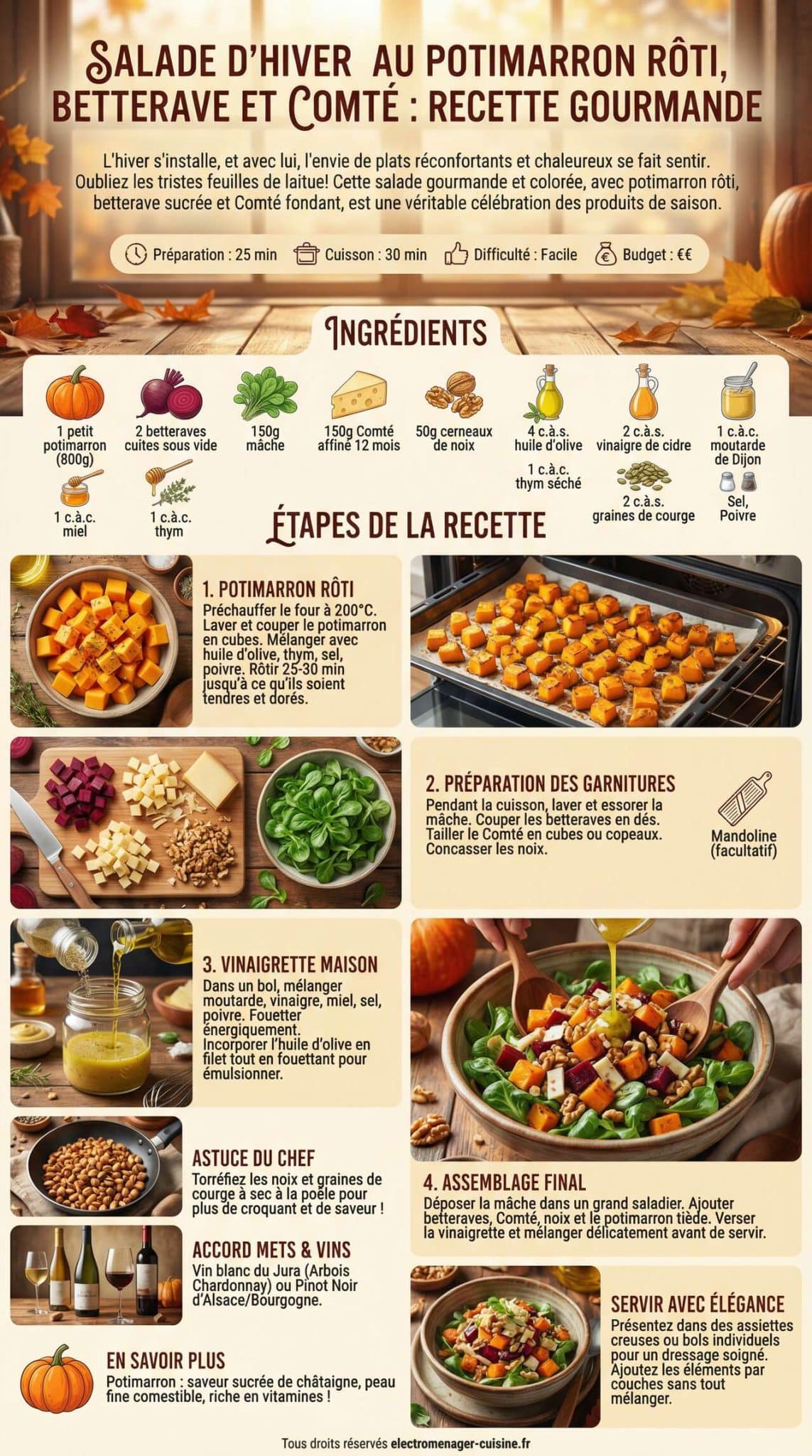 Fiche recette Salade d'hiver au potimarron r&ocirc;ti, betterave et Comt&eacute; : recette gourmande