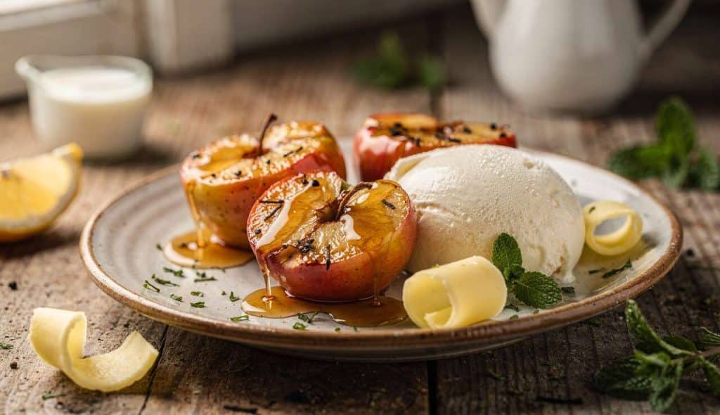 Pomme flambée au Calvados et mousse crémeuse au cidre de glace