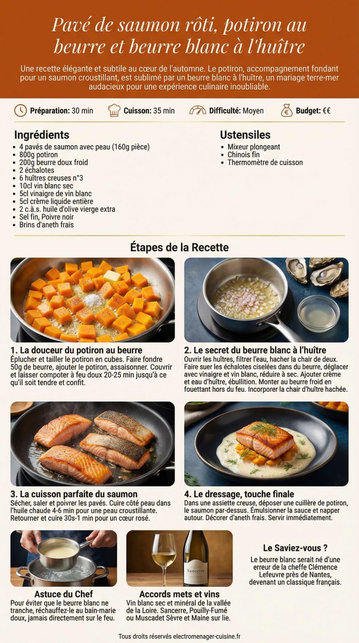 Fiche recette Pav&eacute; de saumon r&ocirc;ti, potiron au beurre et beurre blanc &agrave; l'hu&icirc;tre
