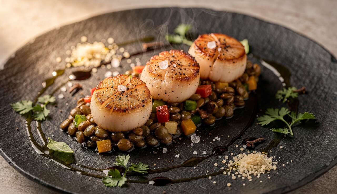 Coquilles Saint-Jacques et Salade de Lentilles du Puy à la Vinaigrette Balsamique