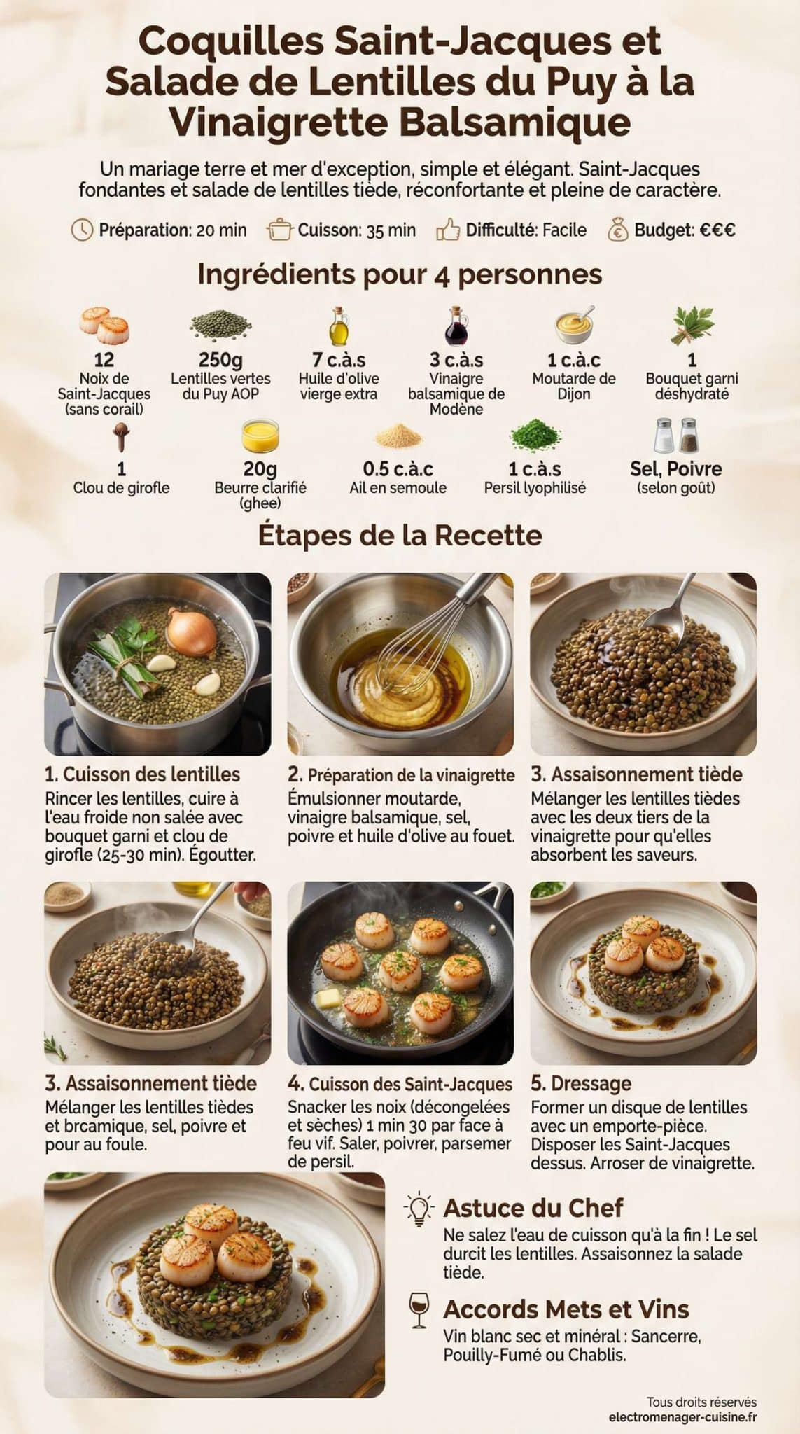 Fiche recette Coquilles Saint-Jacques et Salade de Lentilles du Puy &agrave; la Vinaigrette Balsamique
