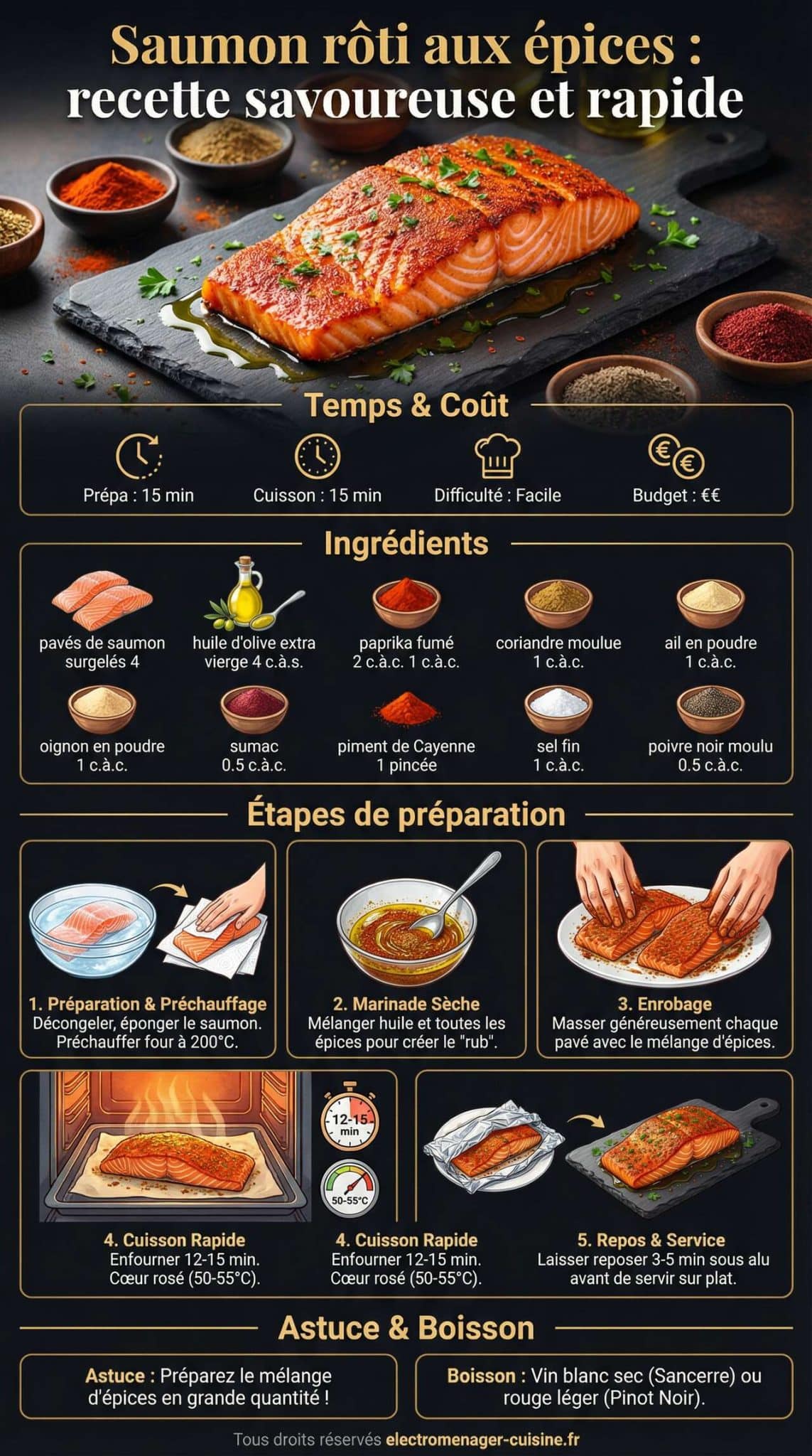 Fiche recette Saumon r&ocirc;ti aux &eacute;pices : recette savoureuse et rapide