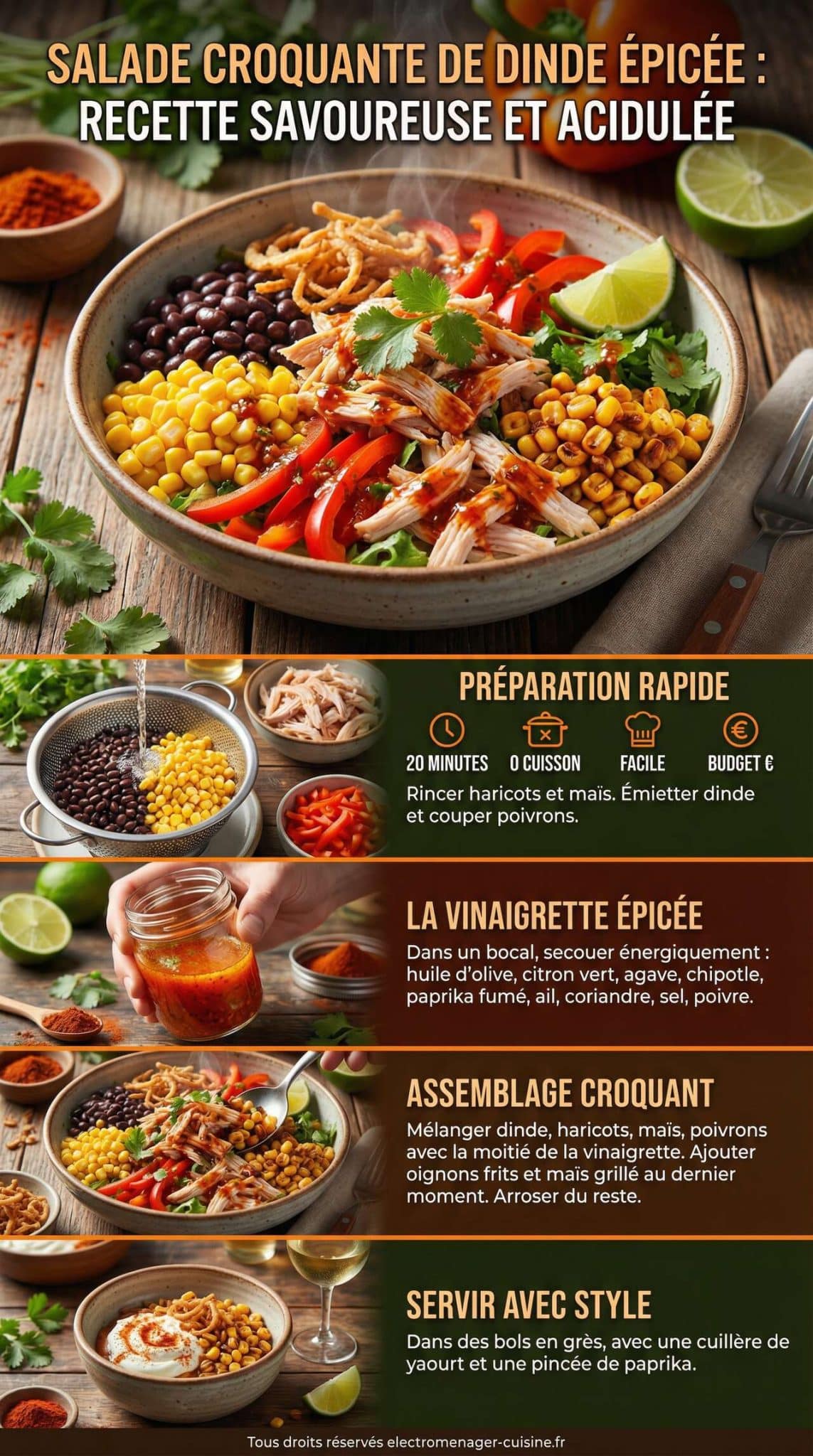 Fiche recette Salade croquante de dinde &eacute;pic&eacute;e : recette savoureuse et acidul&eacute;e