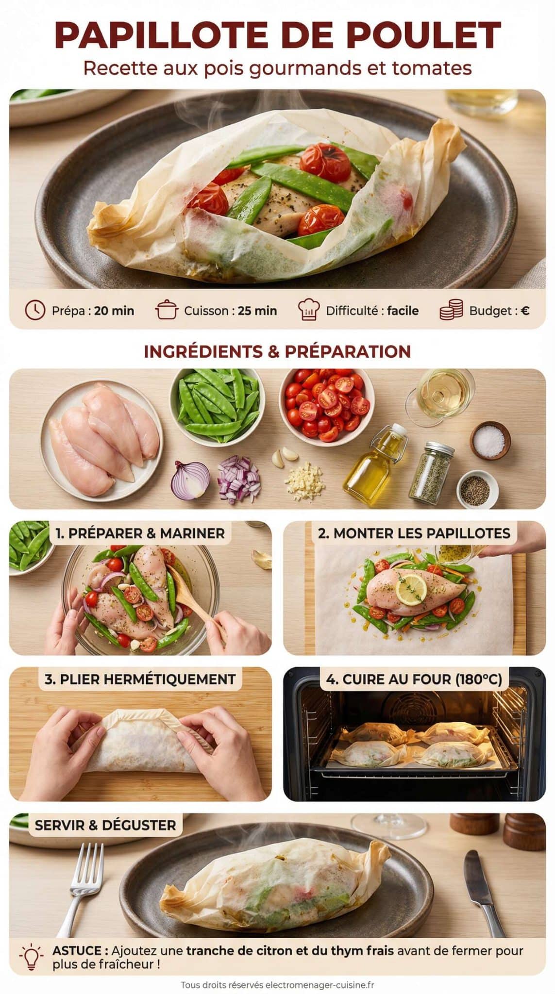 Fiche recette Papillote de poulet : recette aux pois gourmands et tomates