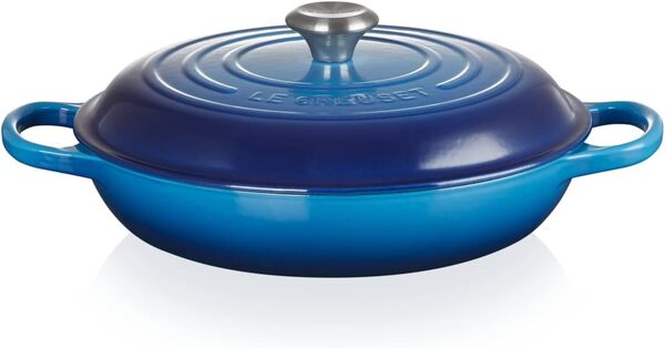 Le Creuset Cocotte peu profonde avec couvercle en fonte émaillée Signature, 30 cm, 3.2 Litres, Azure, 21180302202430