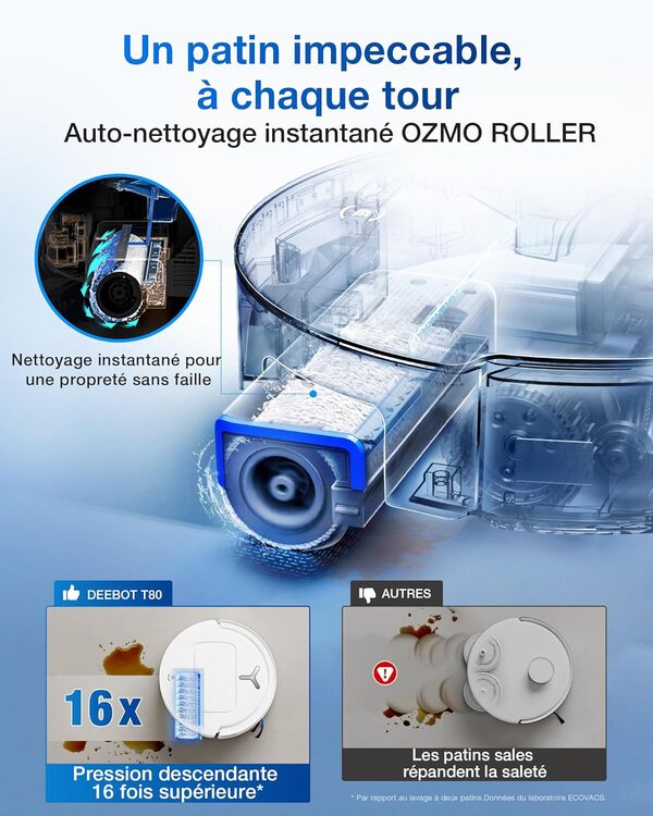 ECOVACS DEEBOT T80 Omni Aspirateur Robot Laveur, 18 000 Pa, Nettoyage Automatique instantané OZMO Roller, ZeroTangle 3.0, Lavage à l'eau Chaude 40-75 ℃, Séchage à air Chaud, Blanc