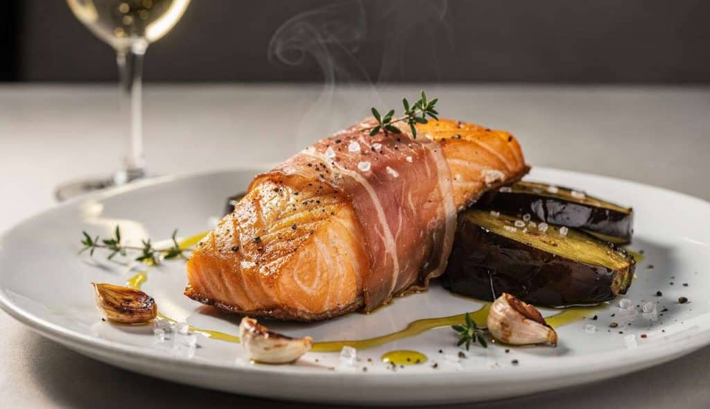 Dos de saumon au jambon cru et aubergines au citron confit