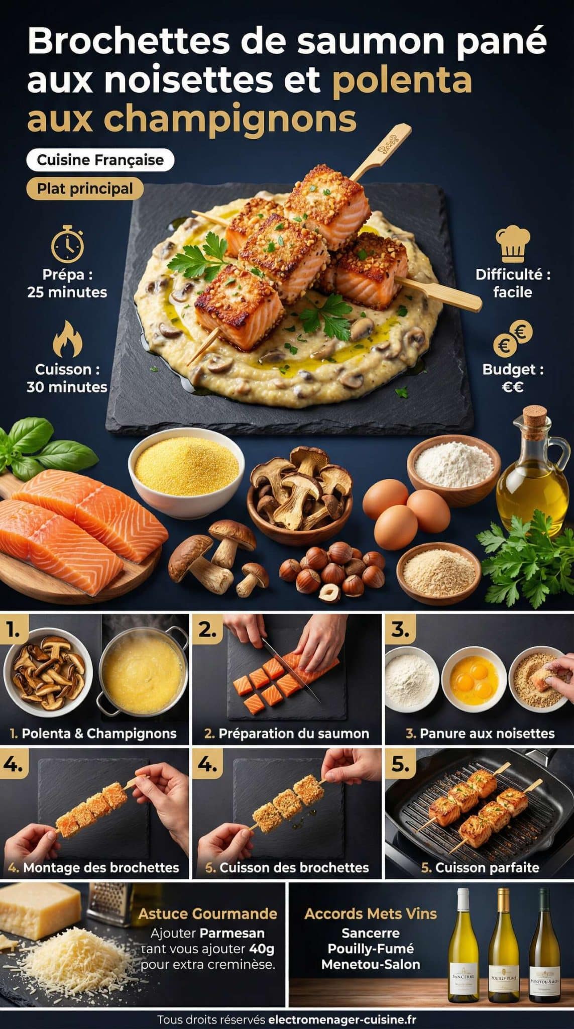 Fiche recette Brochettes de saumon pan&eacute; aux noisettes et polenta aux champignons