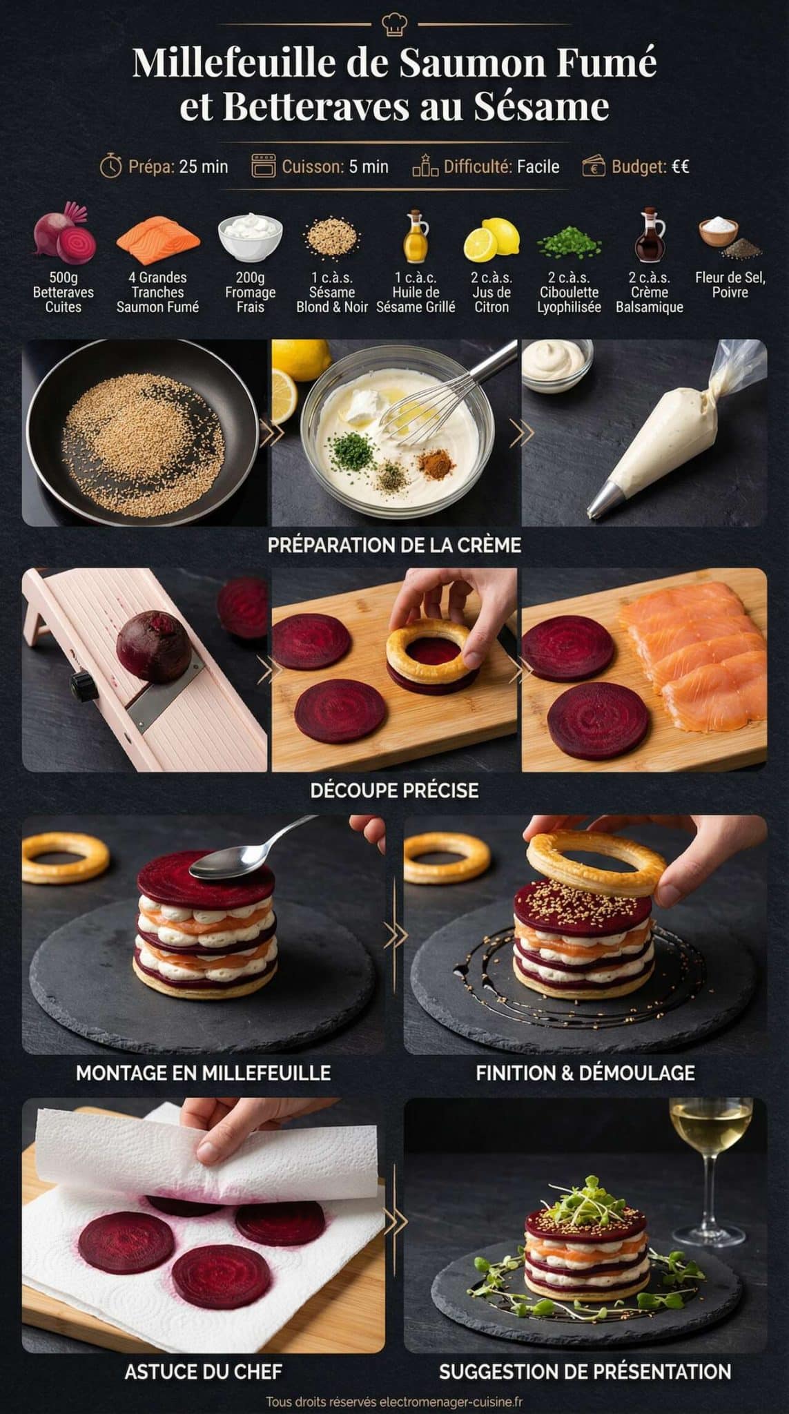 Fiche recette Millefeuille de Saumon Fum&eacute; et Betteraves au S&eacute;same
