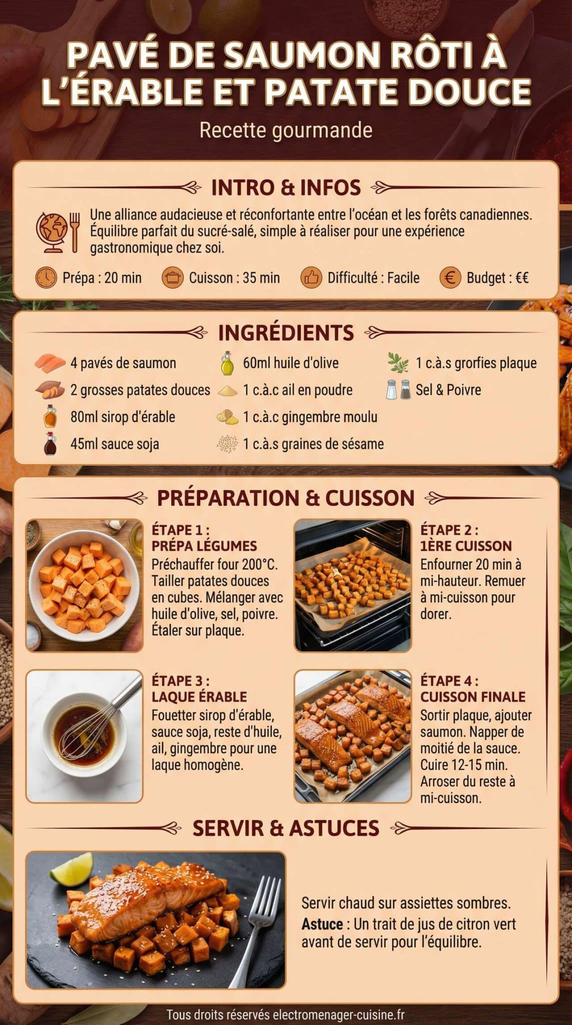 Fiche recette Pav&eacute; de saumon r&ocirc;ti &agrave; l'&eacute;rable et patate douce : recette gourmande