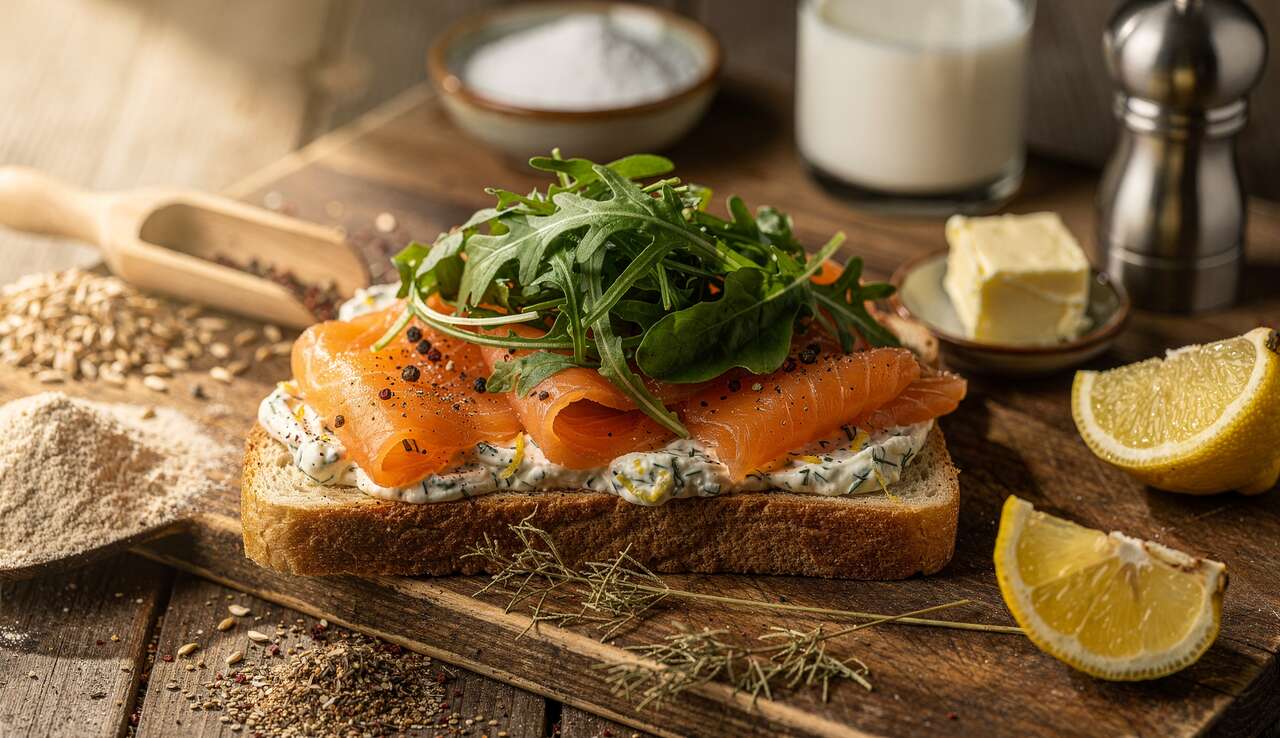 Pain suédois au saumon fumé, philadelphia citron-aneth et roquette