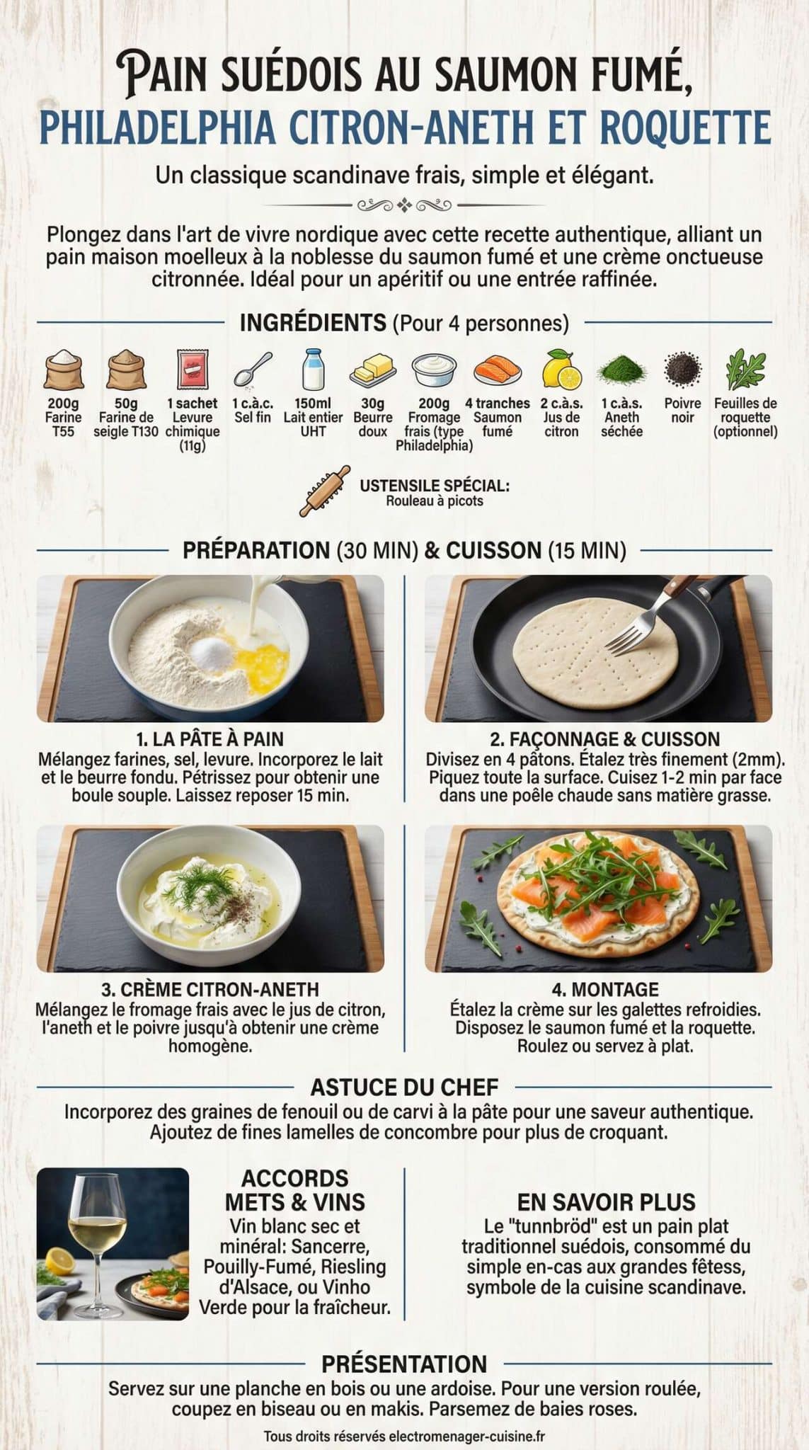 Fiche recette Pain suédois au saumon fumé, philadelphia citron-aneth et roquette Fiche recette Pain suédois au saumon fumé, philadelphia citron-aneth et roquette