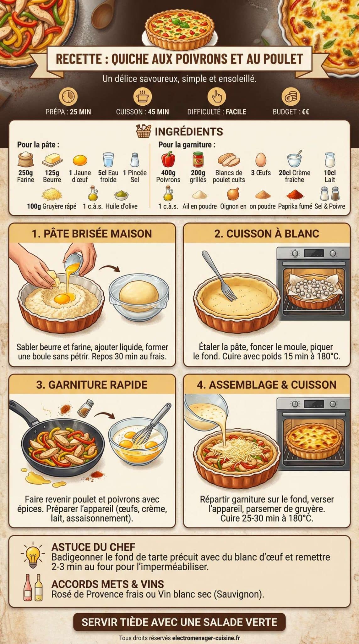 Fiche recette Recette de quiche aux poivrons et au poulet : un d&eacute;lice savoureux
