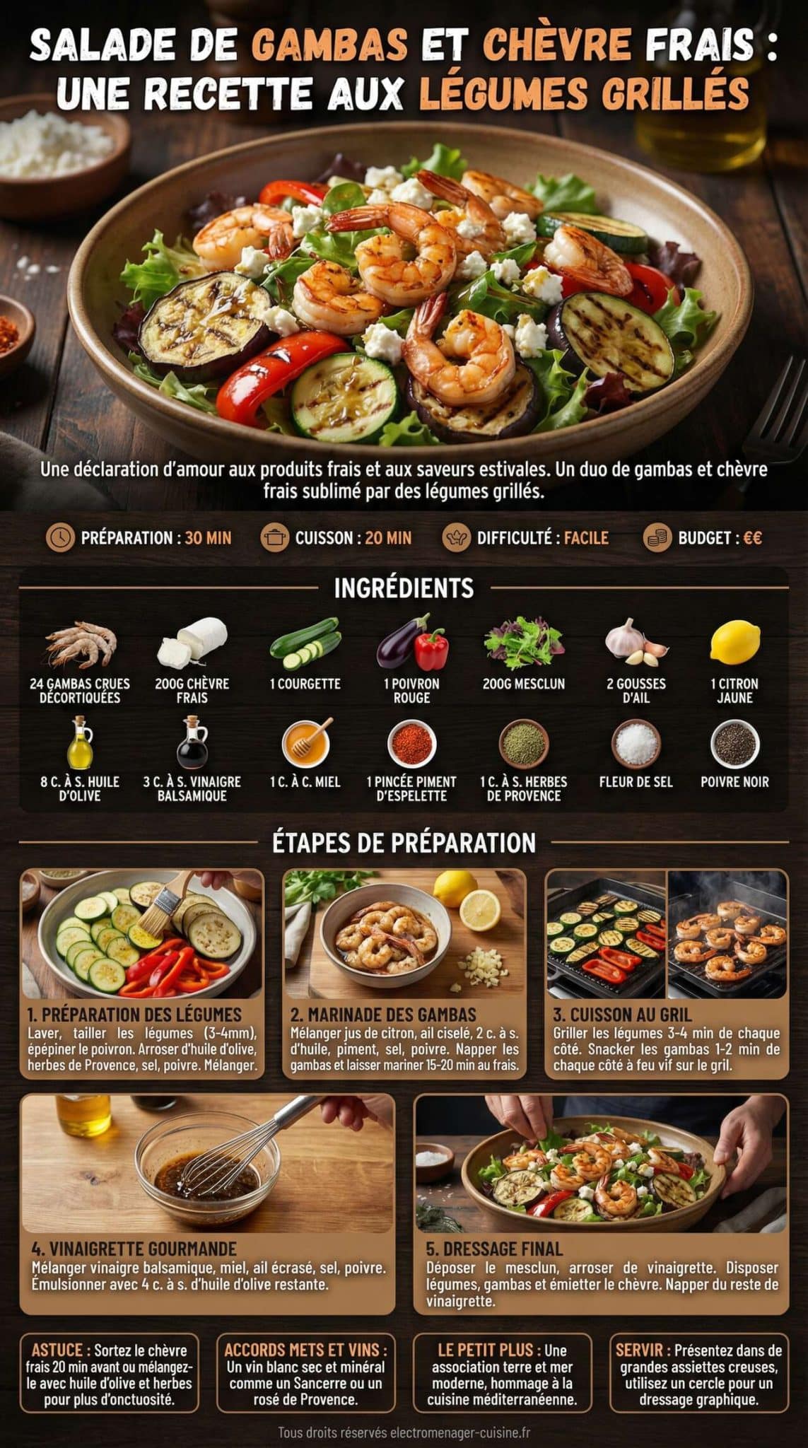 Fiche recette Salade de gambas et ch&egrave;vre frais : une recette aux l&eacute;gumes grill&eacute;s