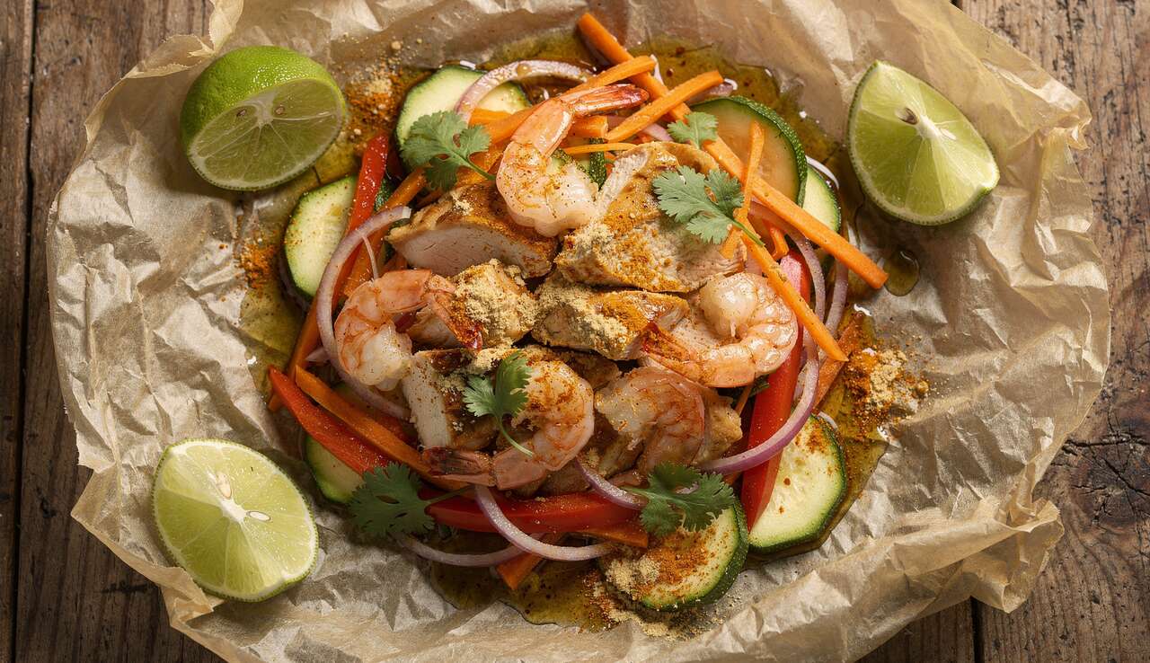 Papillote de poulet et gambas à l'orientale : recette savoureuse