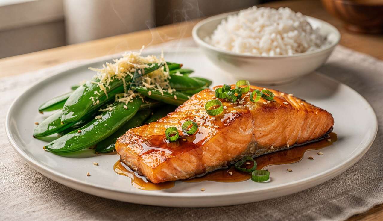 Dos de saumon laqué au miel de soja et croquant de pois gourmands au gingembre