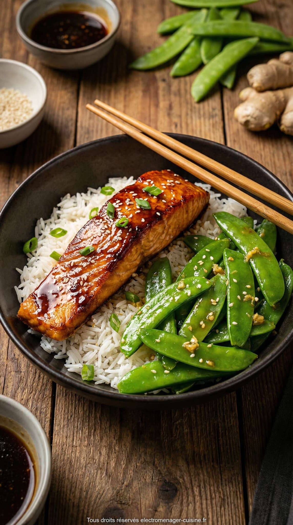 Fiche recette Dos de saumon laqu&eacute; au miel de soja et croquant de pois gourmands au gingembre