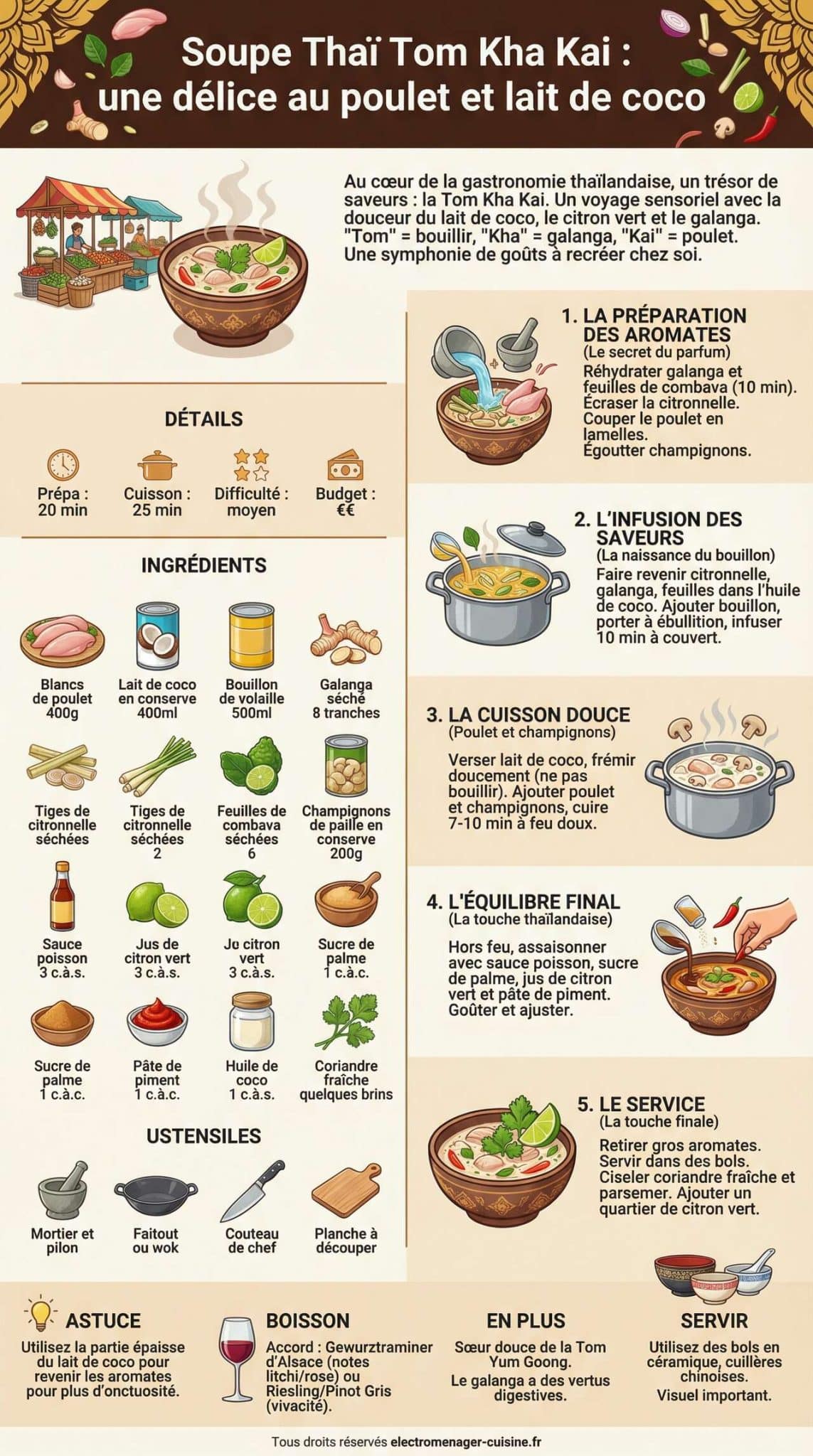 Fiche recette Soupe tha&iuml; Tom Kha Kai : une d&eacute;lice au poulet et lait de coco