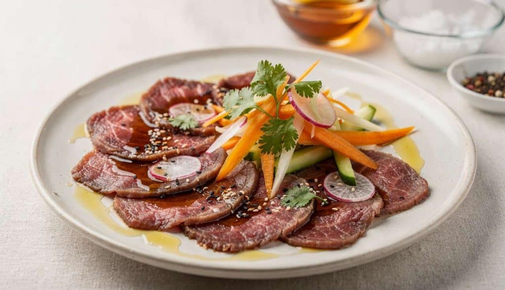 Recette : carpaccio de bœuf soja et salade de légumes croquants