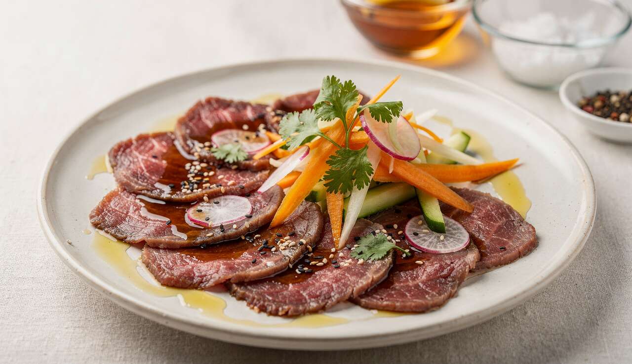 Recette : carpaccio de bœuf soja et salade de légumes croquants