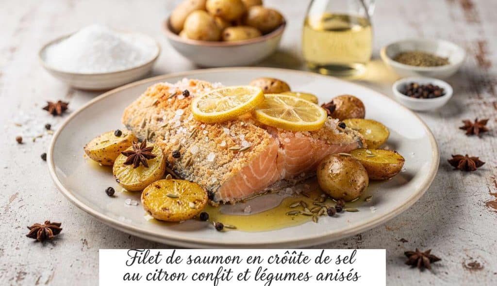 Filet de saumon en croûte de sel au citron confit et légumes anisés