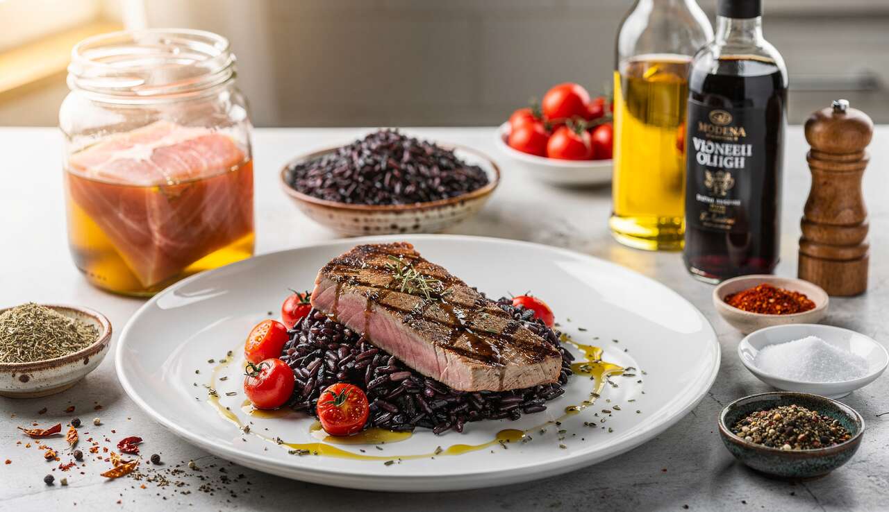 Thon mariné au vinaigre balsamique grillé : recette avec riz noir Vénéré et tomates
