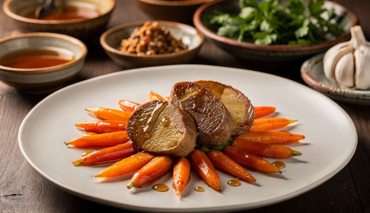 Foie et rognon d'agneau au mélange du trappeur, carottes glacées au sirop d'érable