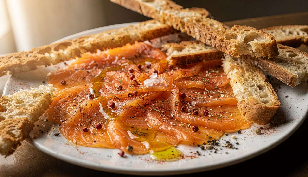 Carpaccio de saumon épicé et allumettes de pain de campagne