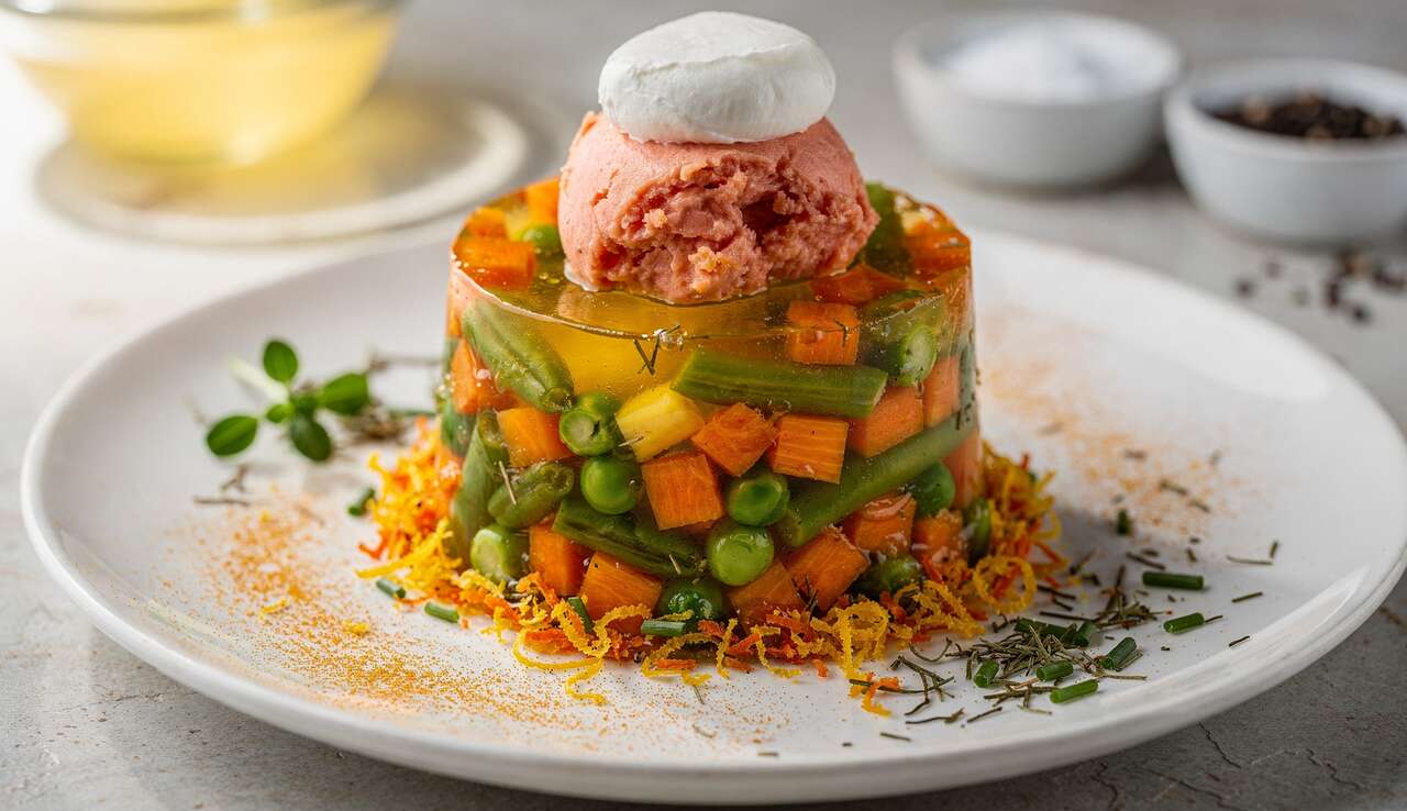 Aspic de légumes croquants et rillette de saumon aux agrumes