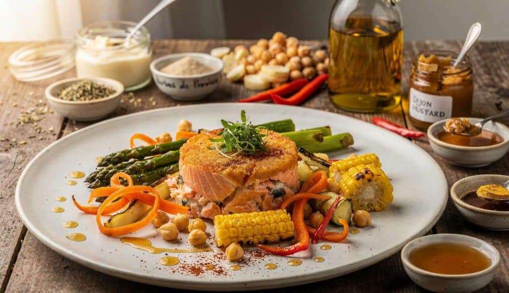 Gâteau de saumon aux herbes : salade de légumes croquants et vinaigrette épicée