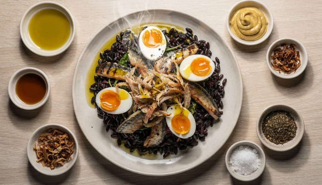 Salade de riz noir, œuf mollet et maquereau effiloché : recette gourmande